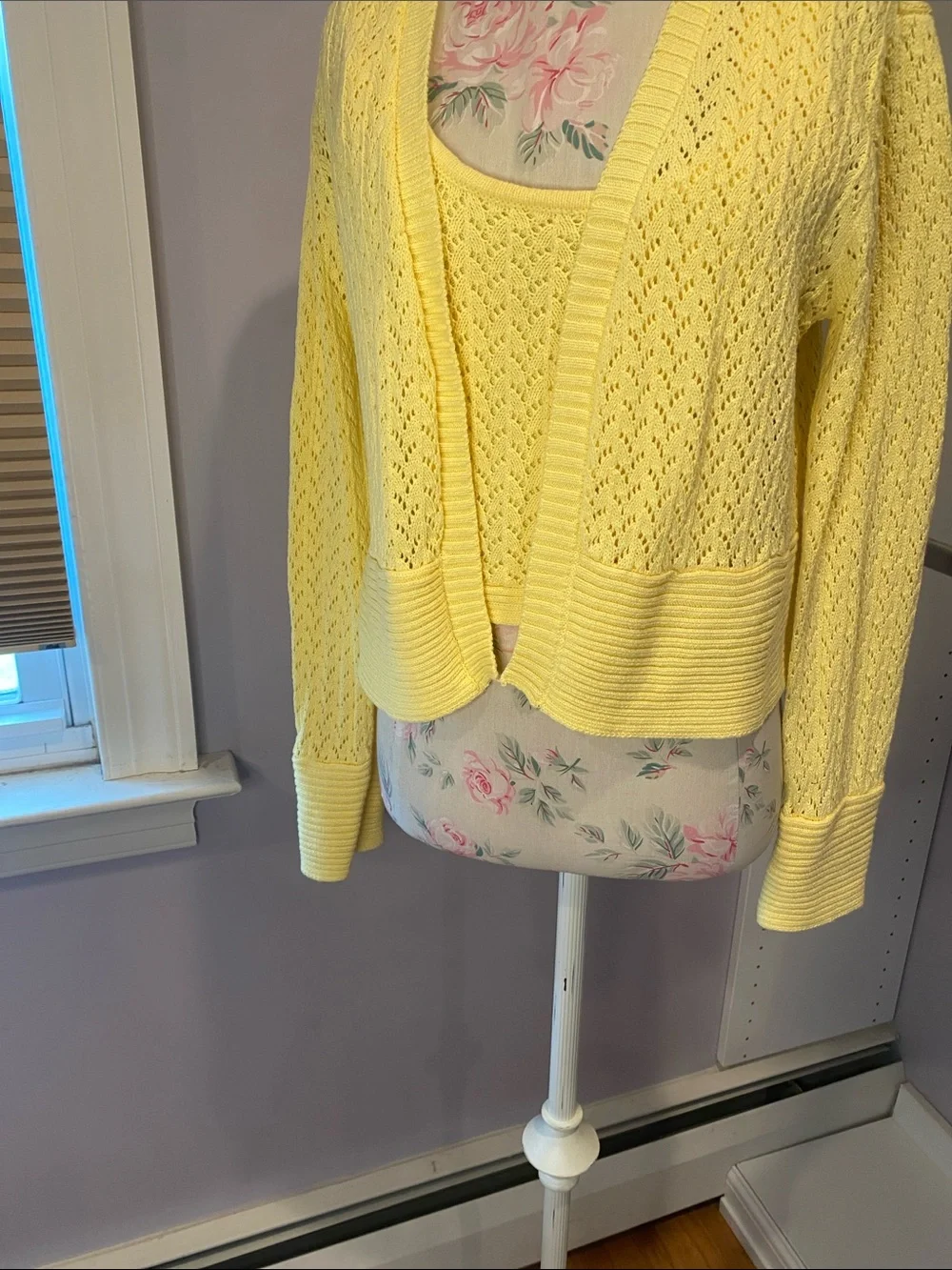 Z Supply Pale Yellow Open-Knit Cropped Cardigan and shell set